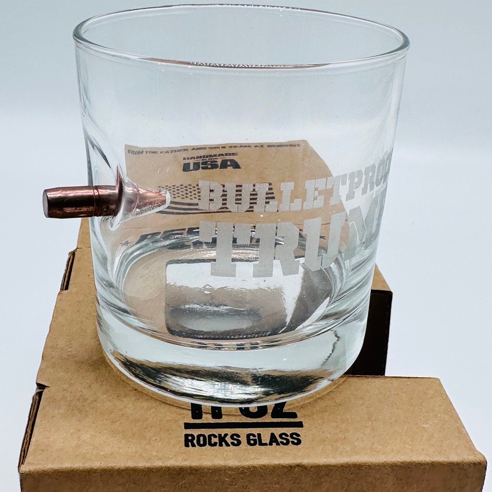 BenShot Bulletproof Trump 11oz Rocks Glass Real Bullet Embedded Made in USA NEW